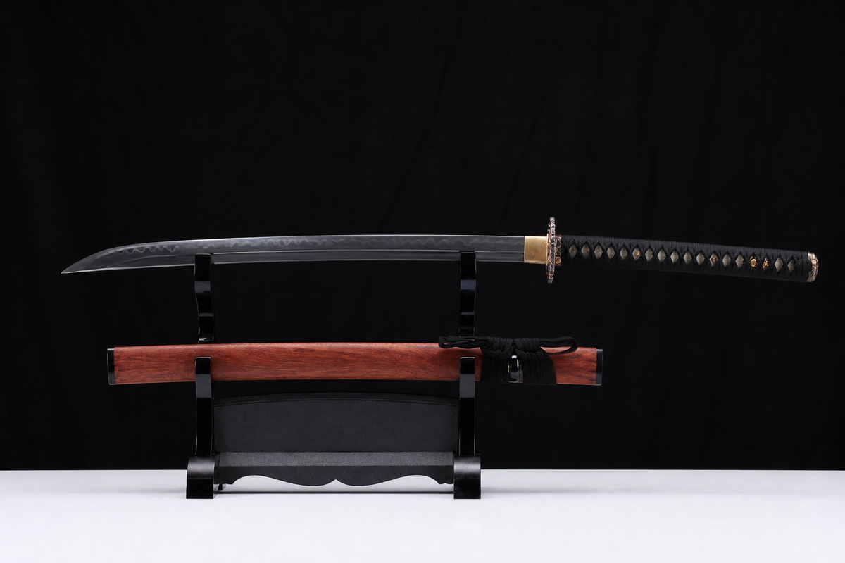 T10 Midare Short Sword — Black Ito, Wood Saya — photograph 2