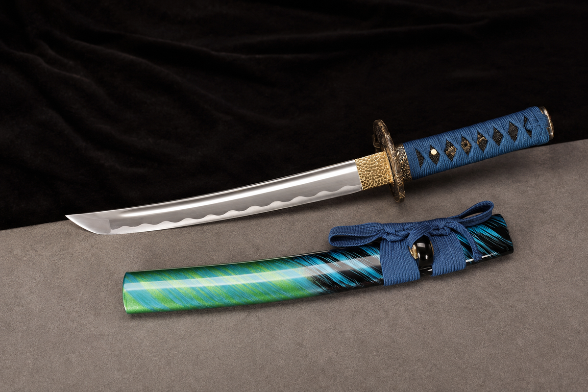 Unsharpened Compact Collector Wakizashi — Grade 45 Carbon Steel, Alloy Fittings — unsheathed, full view