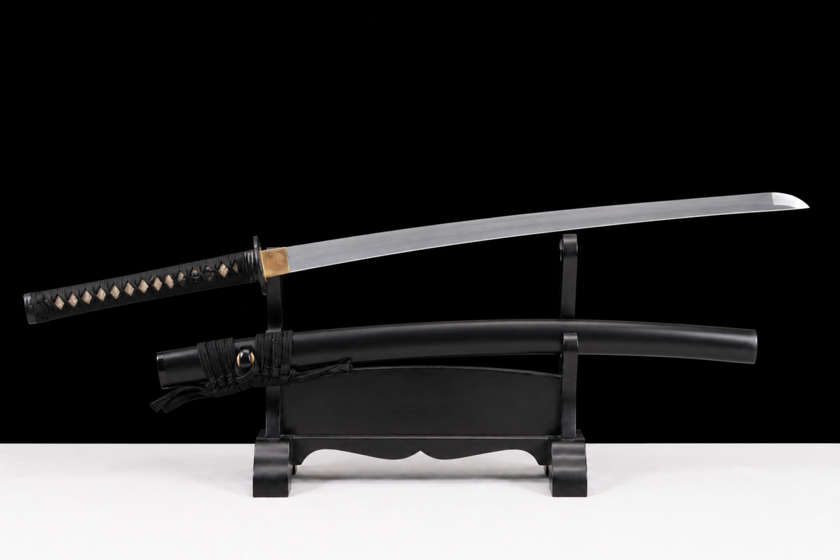 Unsharpened Black Sakura Collector Katana — 1065 Steel, Piano-Lacquer Saya — unsheathed, full view