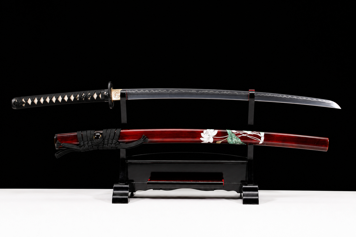 Unsharpened Lotus-Openwork Collector Katana — Clay-Tempered T10, Iron Tsuba — unsheathed, full view