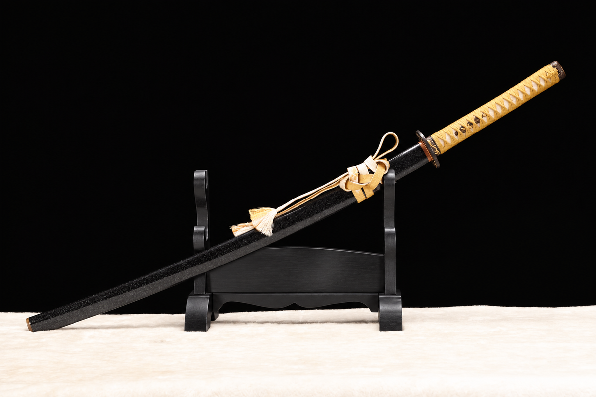 Unsharpened Collector Katana — Clay-Tempered Steel, Bo-Hi, Twenty-Stage Polish — sheathed, full view