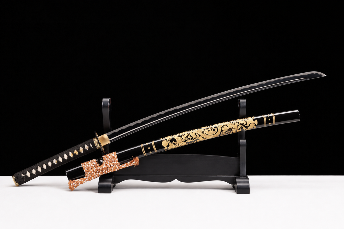 Unsharpened Gold-Dragon Relief Collector Katana — 5160 Steel, Copper Fittings — unsheathed, full view