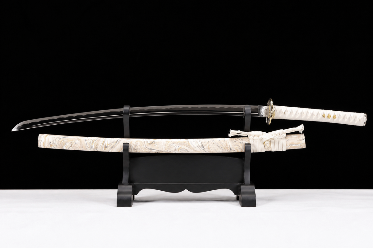Unsharpened Aurora Collector Katana — 5160 Spring Steel, Slim Saya — unsheathed, full view