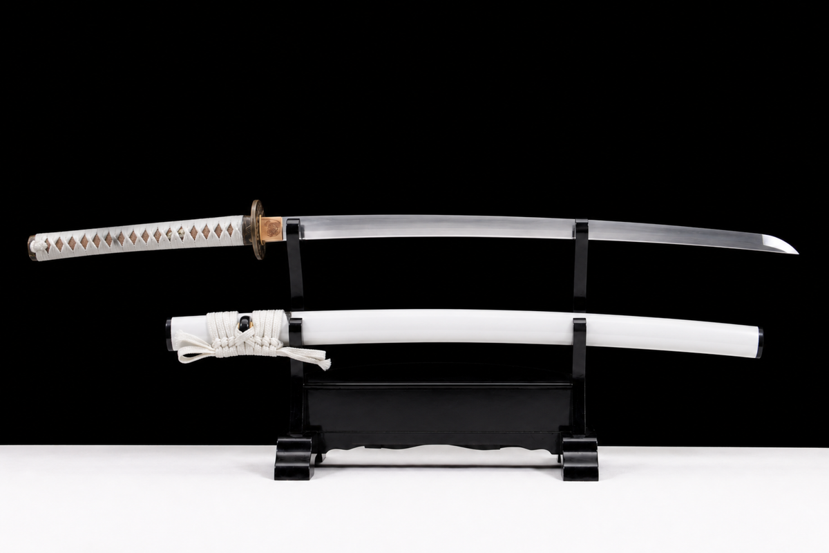 Unsharpened White Dragonfly Collector Katana — 1065 Steel, Piano-Lacquer Saya — unsheathed, full view
