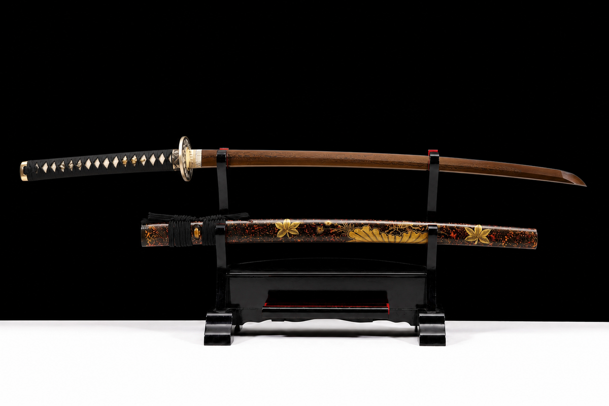Hand-Painted Saya Katana — Sanmai Folded Steel, Gold Chrysanthemum — drawn, full view
