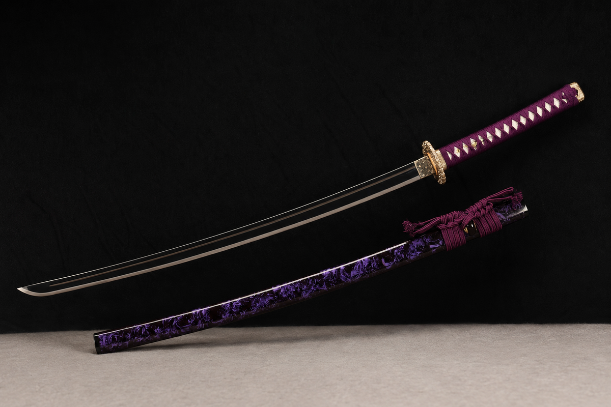 Unsharpened Purple-Flame Collector Katana — Slim Saya, Copper Fittings — unsheathed, full view