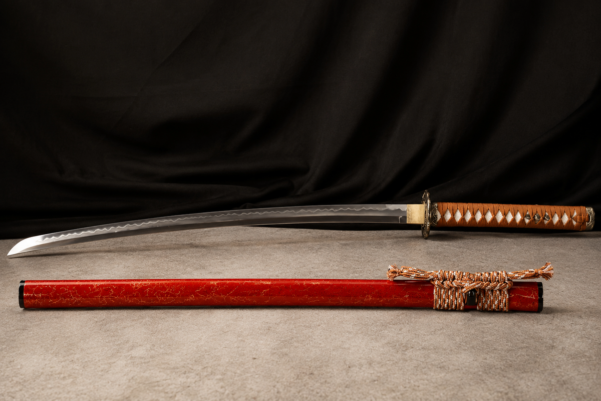 Unsharpened Collector Katana — T10 Tool Steel, Clay-Tempered, Copper Mounts — unsheathed, full view