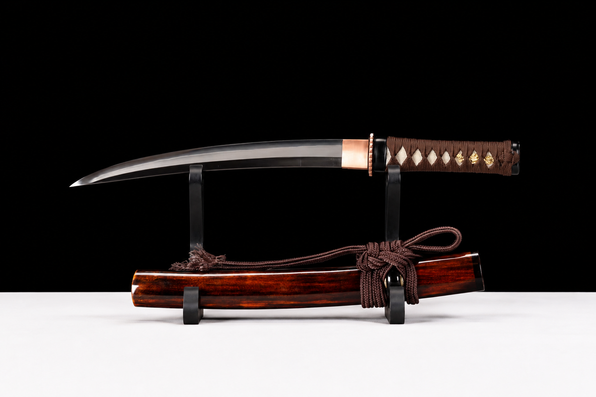 Unsharpened Collector Wakizashi — T10 Tool Steel, Clay-Tempered, Copper Tsuba — unsheathed, full view