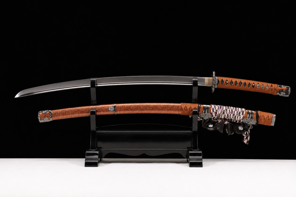 Unsharpened Deep-Curve Collector Tachi — 1060 Steel, Mirror Polish — unsheathed, full view