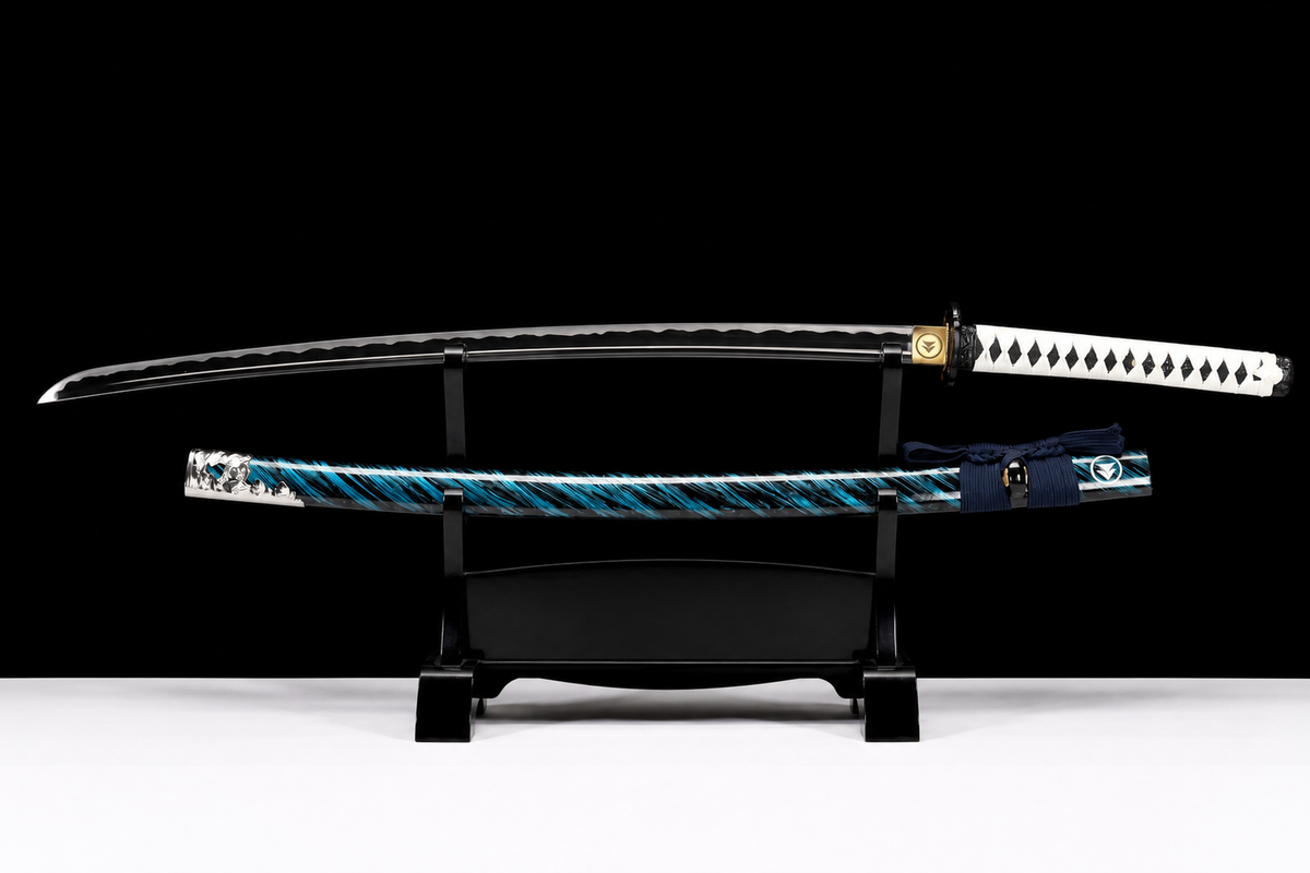 Unsharpened Mirror-Polished Collector Katana — High-Manganese Steel, Green-Bark Lacquer Saya — unsheathed, full view