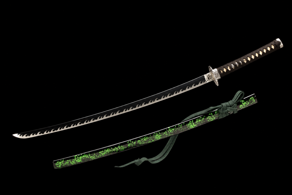 Unsharpened Bright-Polished Collector Katana — 5160 Spring Steel, Wild Rayskin Tsuka — 完整出鞘全景