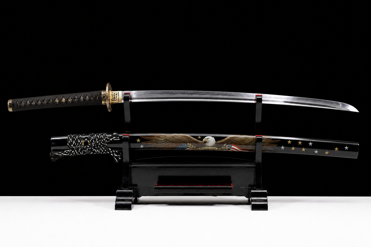 Eagle-Motif Katana — Mirror-Polished 5160, Black Lacquered Saya — drawn, full view