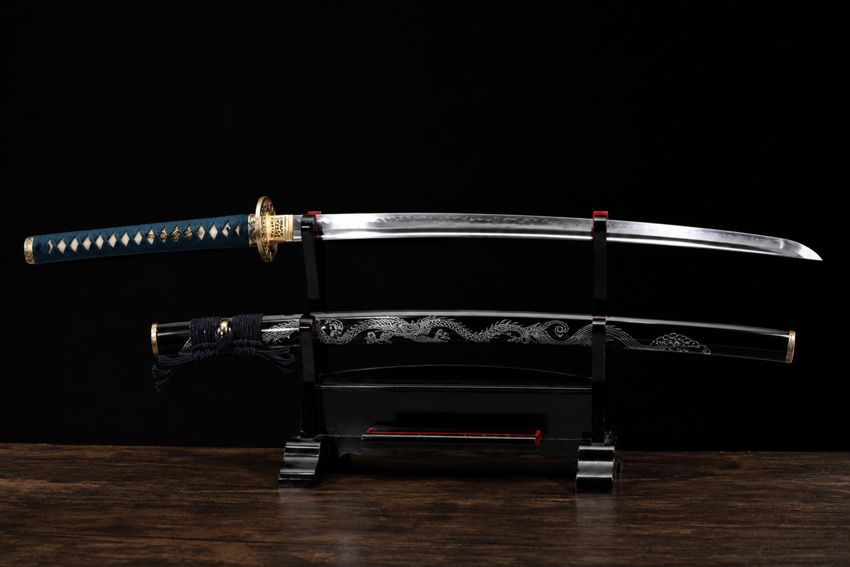 Rising Dragon Katana — Clay-Tempered T1095, Wave-Inlaid Saya, Copper Fittings — drawn, full view
