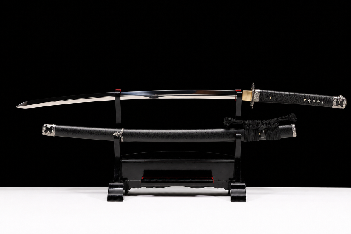 Han-Tachi Katana — Mirror-Polished 5160, Textured Black Saya — drawn, full view