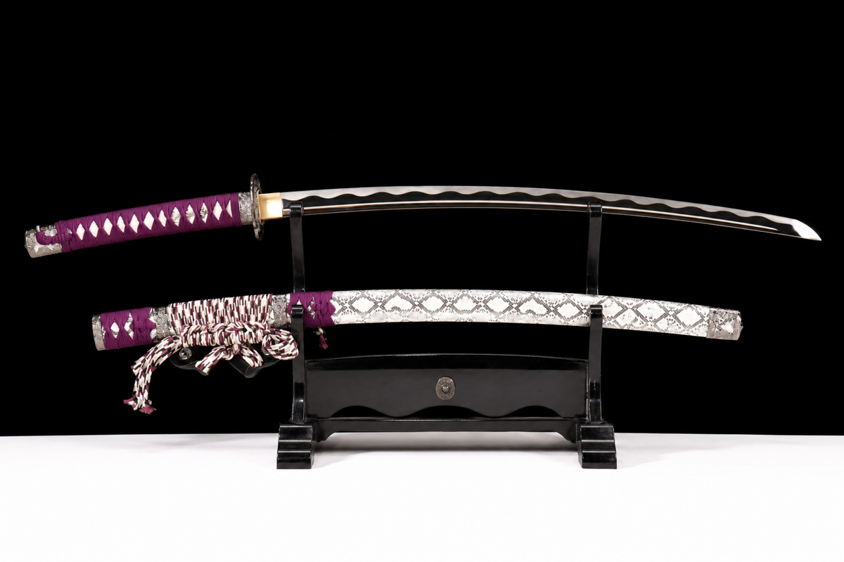 Unsharpened Viper-Pattern Deep-Curve Collector Tachi — 5160 Steel, Mirror Polish — unsheathed, full view