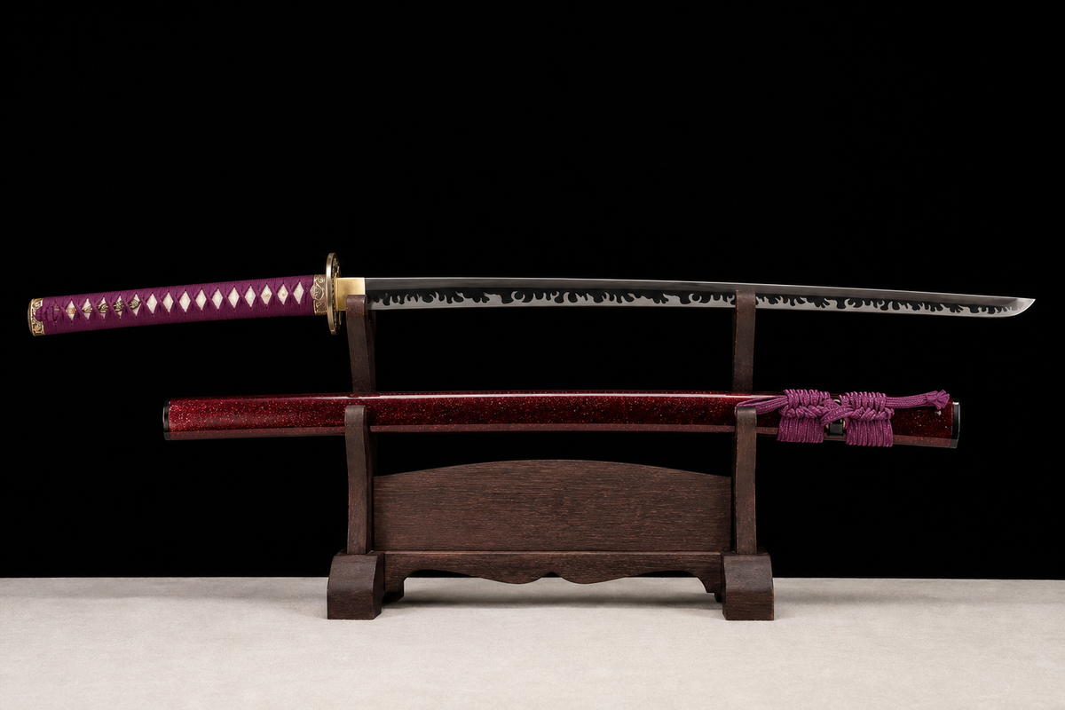 Unsharpened Copper-Mounted Collector Katana — 5160 Spring Steel, Cypress Lacquer Saya — unsheathed, full view