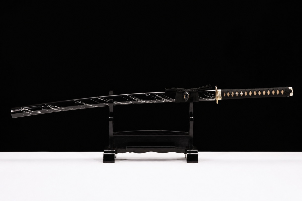 Drifting Shadow Katana — Streaked Black Saya, Copper Seppa — sheathed, full view