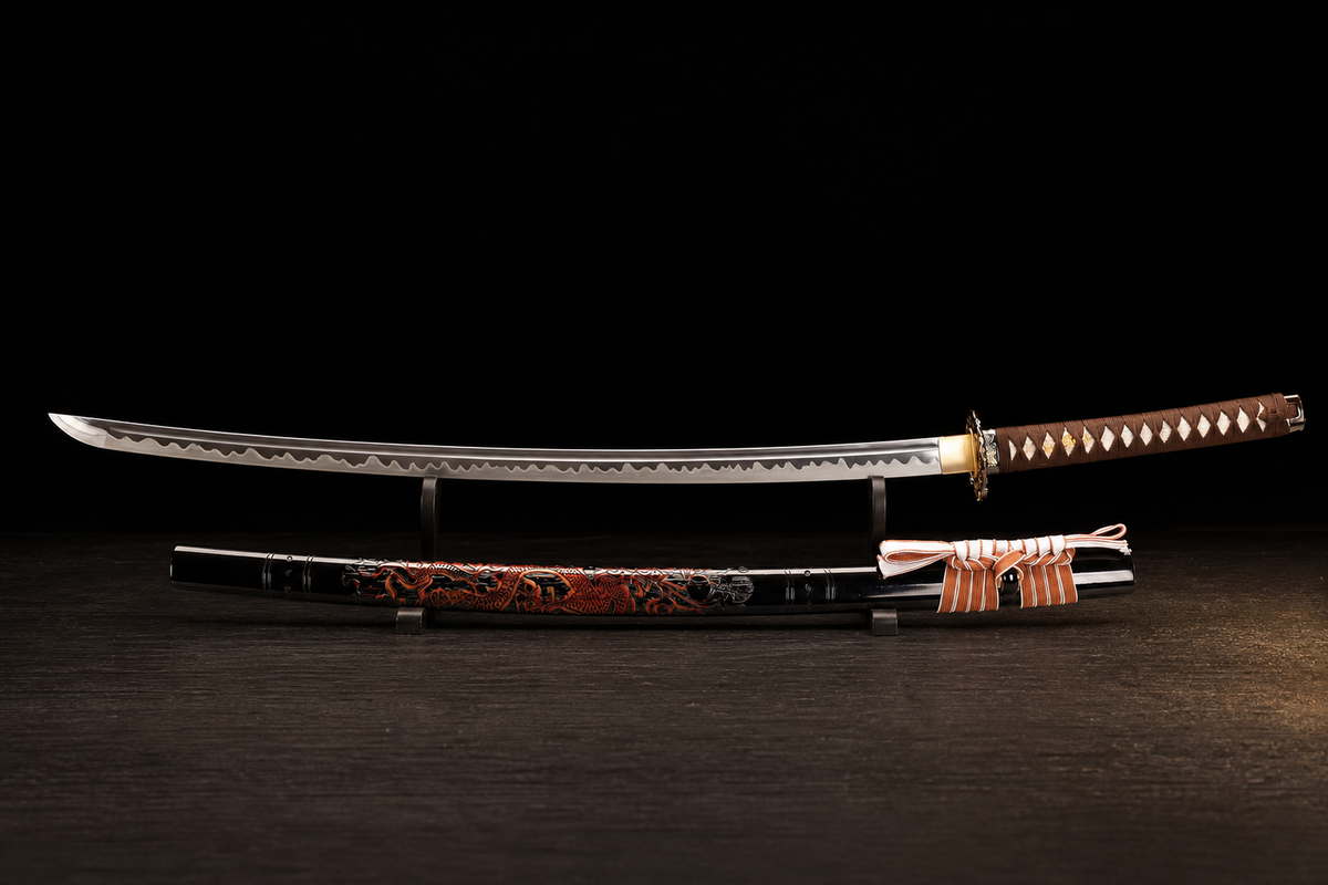 Unsharpened Twin Cloud-Dragon Relief Collector Katana — 5160 Steel, Slim Saya — unsheathed, full view