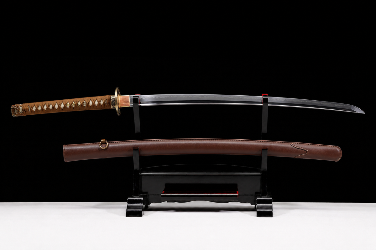 Kobuse Jigane Type 98 Sword — Tan Ito, Brown Leather Saya — photograph 2