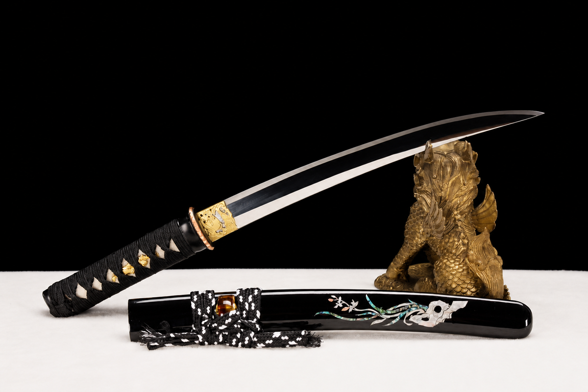 Shell-Inlay Wakizashi — Mirror-Polished 1065, Copper Fittings — drawn on stand, angled full view