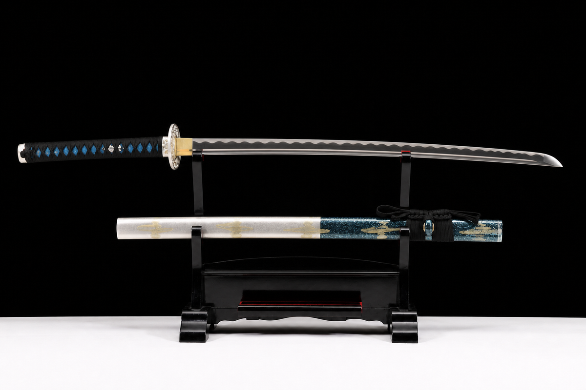 Ocean Dragon Katana — Teal Cloud Saya, Silver Wave Tsuba — drawn, full view