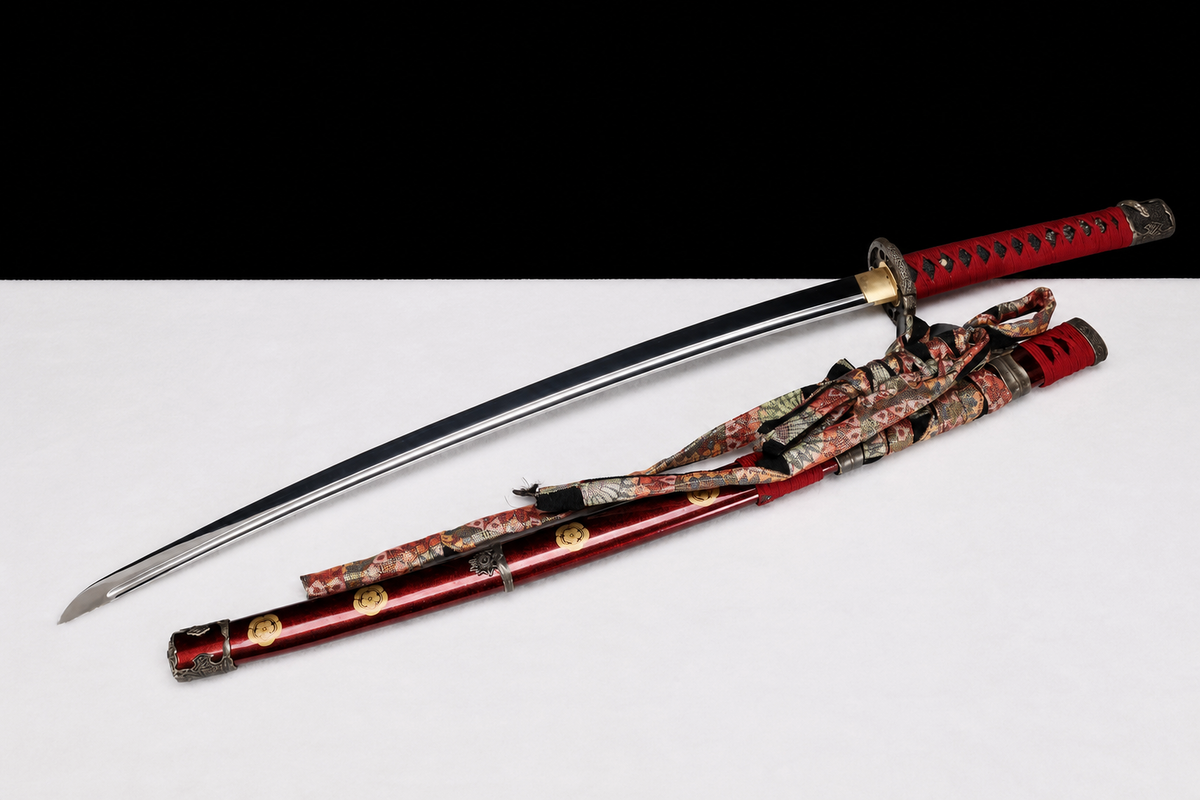 Unsharpened Chrysanthemum Mirror Collector Tachi — 65Mn Steel, Alloy Fittings — unsheathed, full view