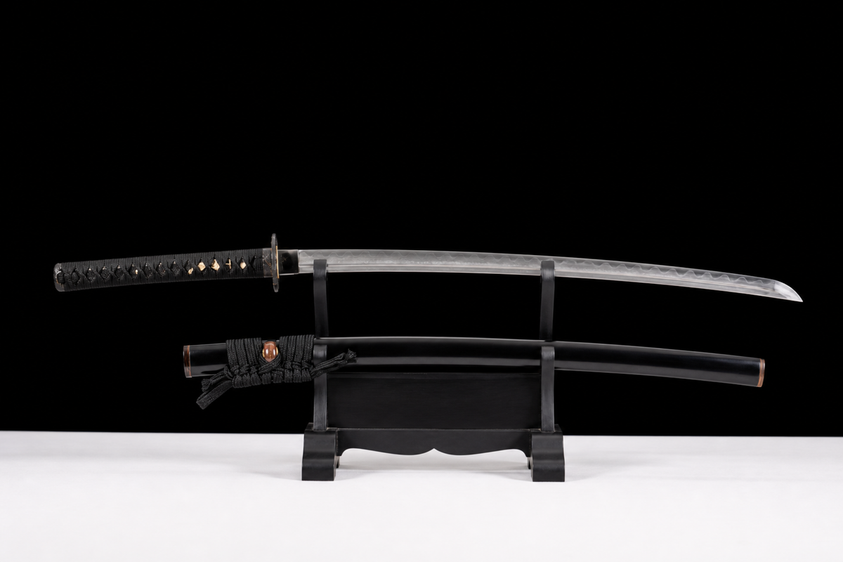 Unsharpened Patterned-Steel Collector Katana — Clay-Tempered, Aged Copper Fittings — unsheathed, full view