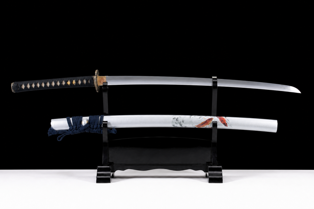 Unsharpened Twin-Fish Wave Collector Katana — 1065 Steel, Piano-Lacquer Saya — unsheathed, full view