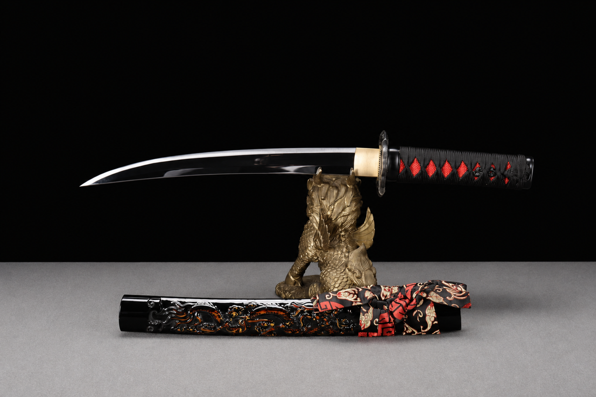 Unsharpened Collector Wakizashi — 1065 Carbon Steel, Mirror Polish — unsheathed, full view