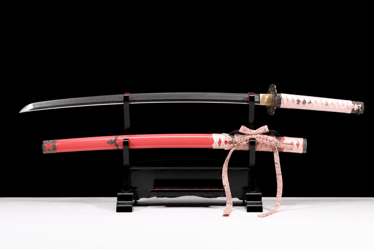 Deep-Curve Tachi — Patterned Steel, Coral Saya, Sakura Ito — drawn, full view