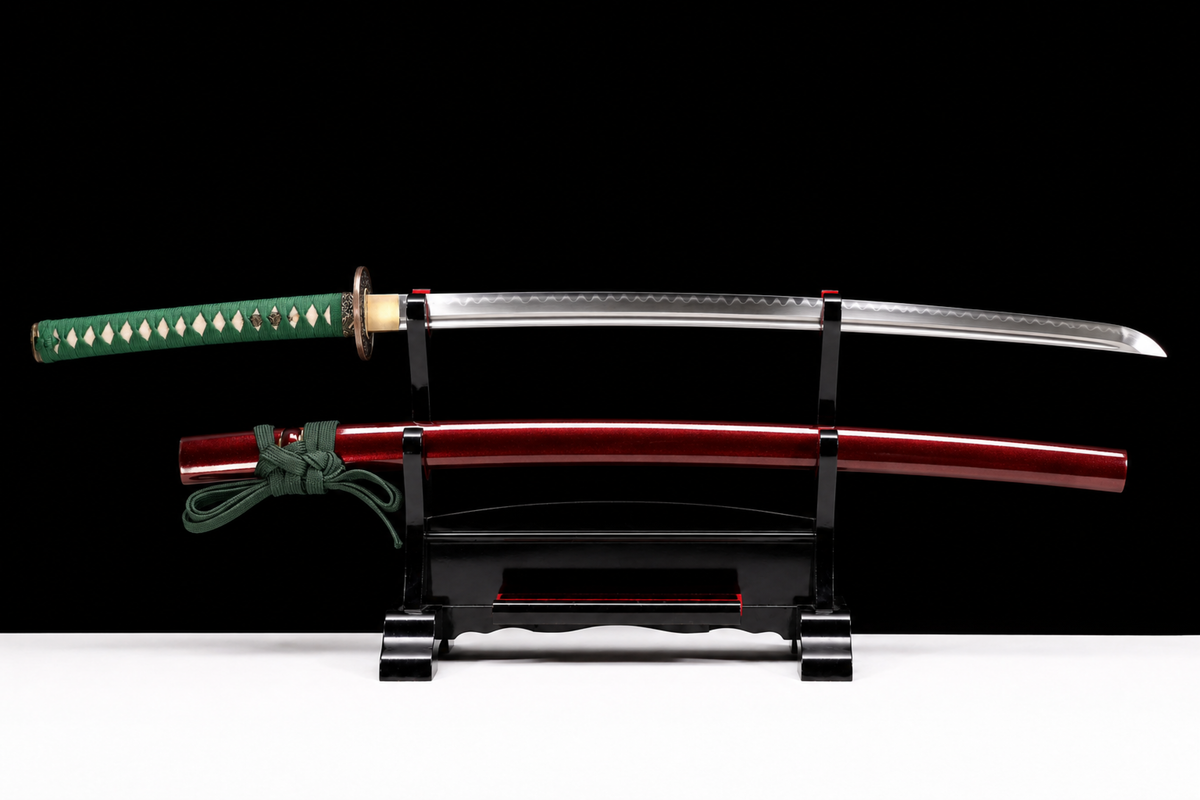 Karakusa Katana — Clay-Tempered T1095, Wine Saya, Green Ito — drawn, full view