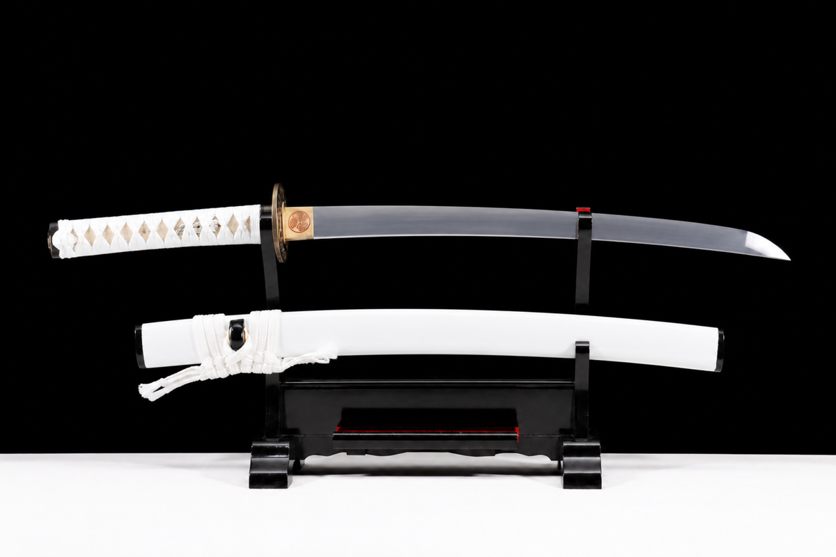 Unsharpened Platinum-Tone Collector Katana — 1065 Steel, White Dragonfly Tsuba — unsheathed, full view