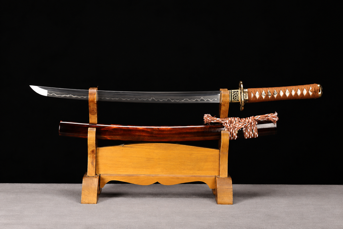 Unsharpened Bamboo-Tiger Collector Wakizashi — Clay-Tempered T10, Copper Fittings — unsheathed, full view