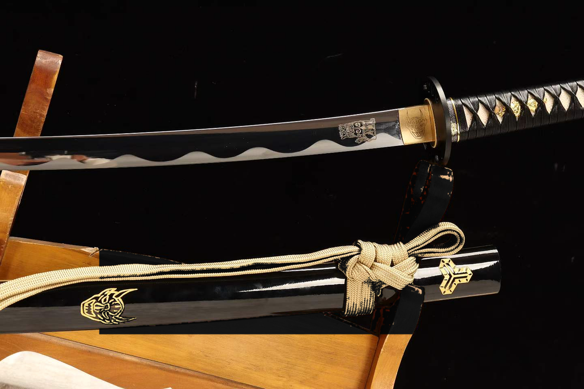 Mirror-Polished Katana — 5160 Spring Steel, Black Kamon Saya, Iron Tsuba — drawn, full view