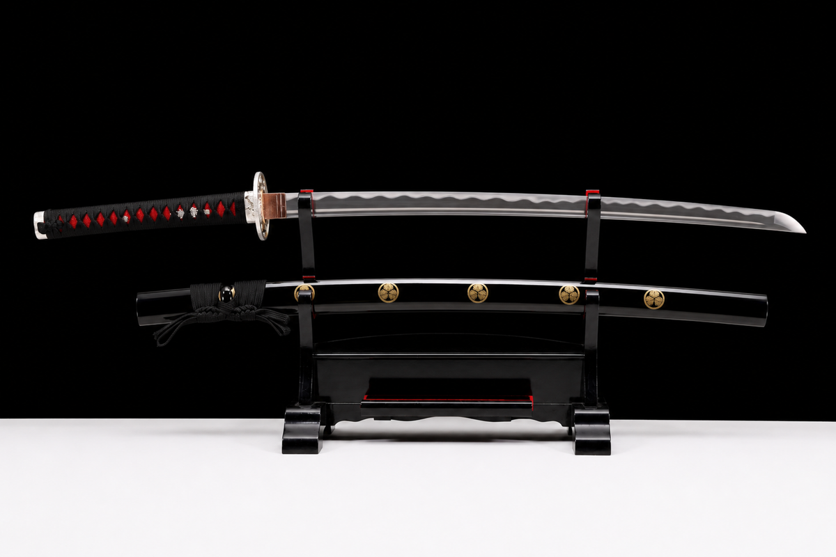 Dragon Plum Katana — Black Kamon Saya, Red-Accent Ito — drawn, full view