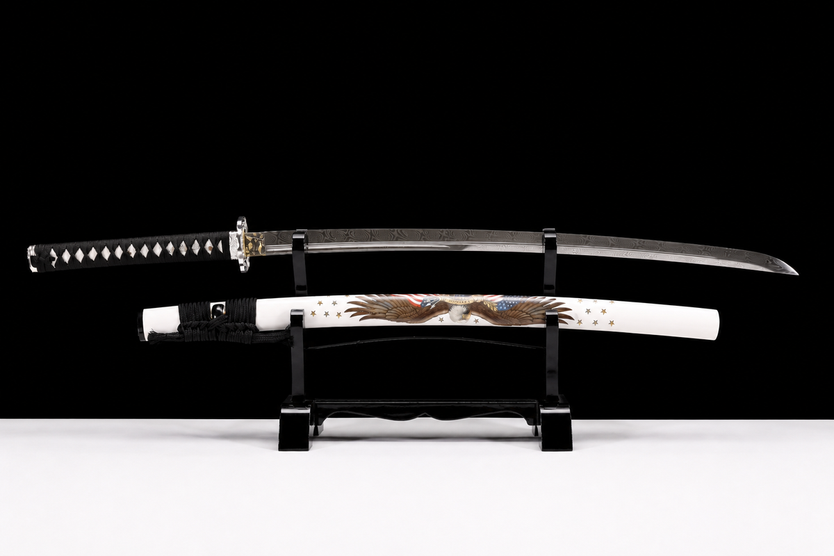 Twisted-Grain Katana — Folded T8, White Eagle Saya — drawn, full view
