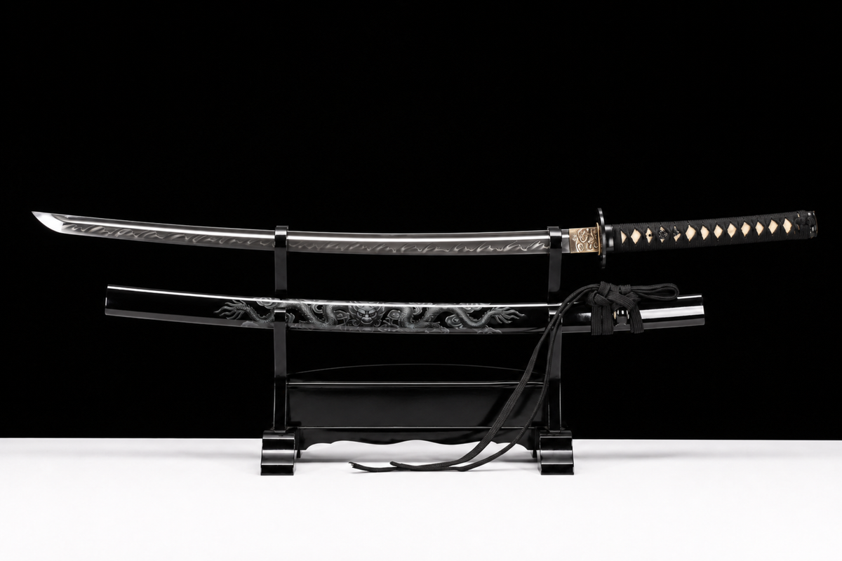 Wave-Hamon Katana — Clay-Tempered T1095, Bo-Hi and True Yokote — drawn, full view