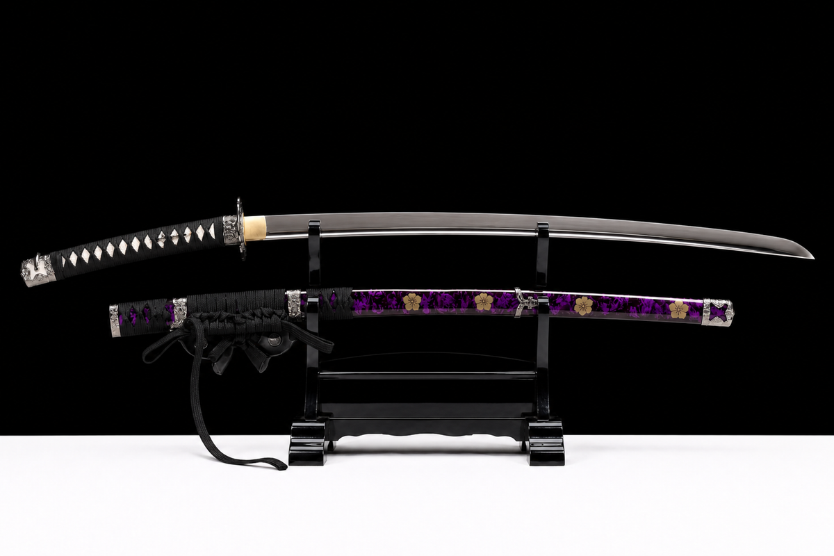 Angled-Tsuka Katana — Mirror-Polished 5160, Plum-Pattern Saya — drawn, full view