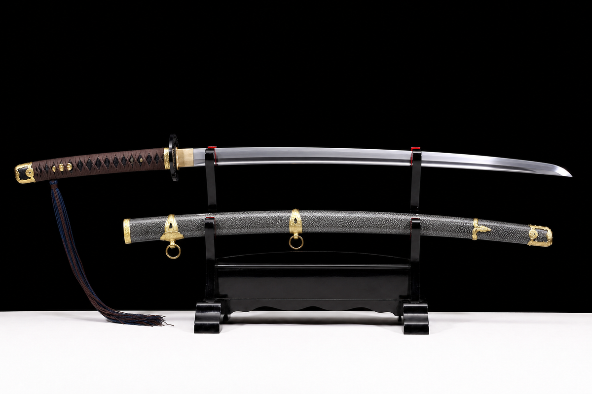 Refined Jigane WWII Navy Sword — Brown Ito, Rayskin Saya — photograph 2