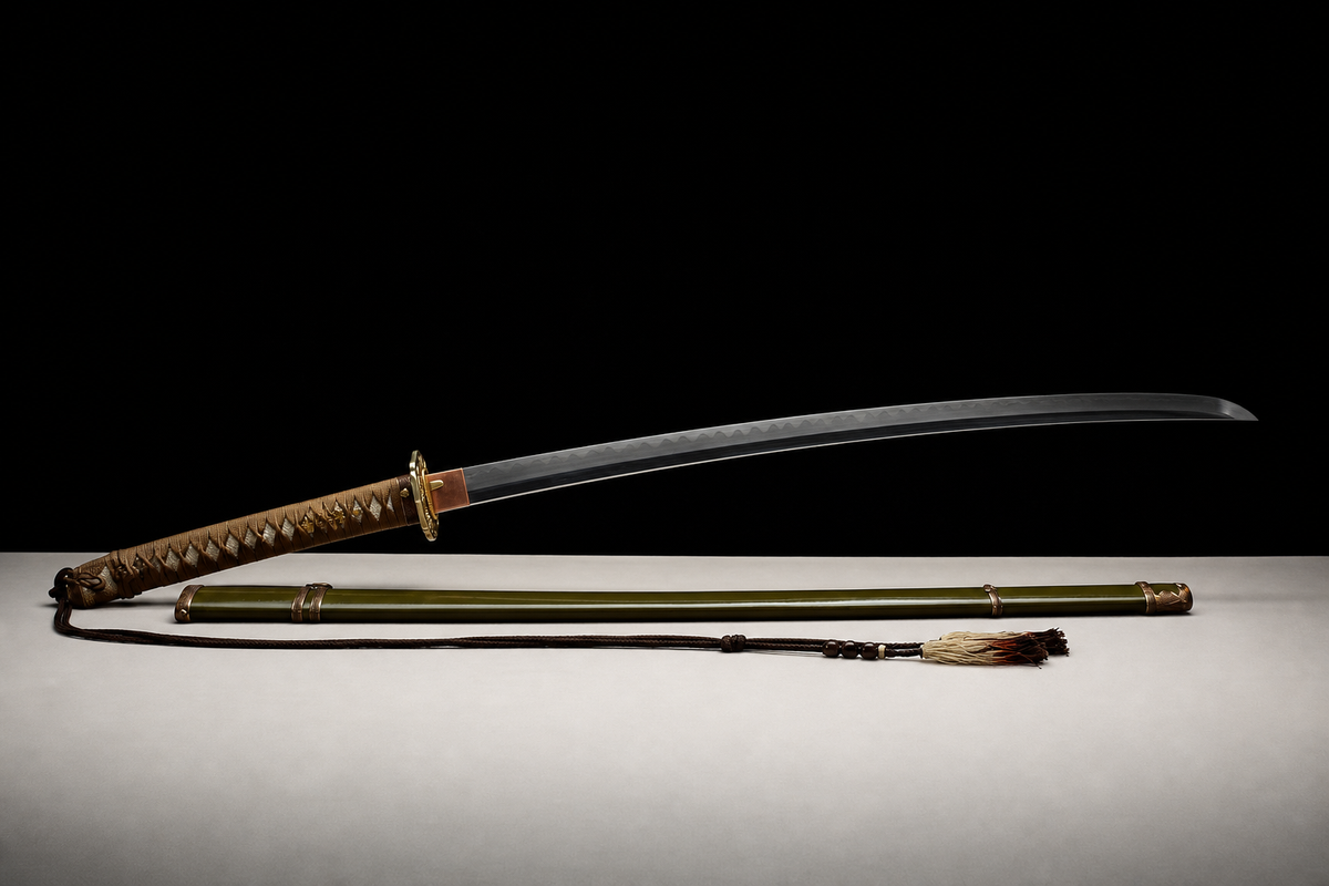 Kobuse Jigane Type 98 Sword — Brown Ito, Olive Iron Saya — photograph 2