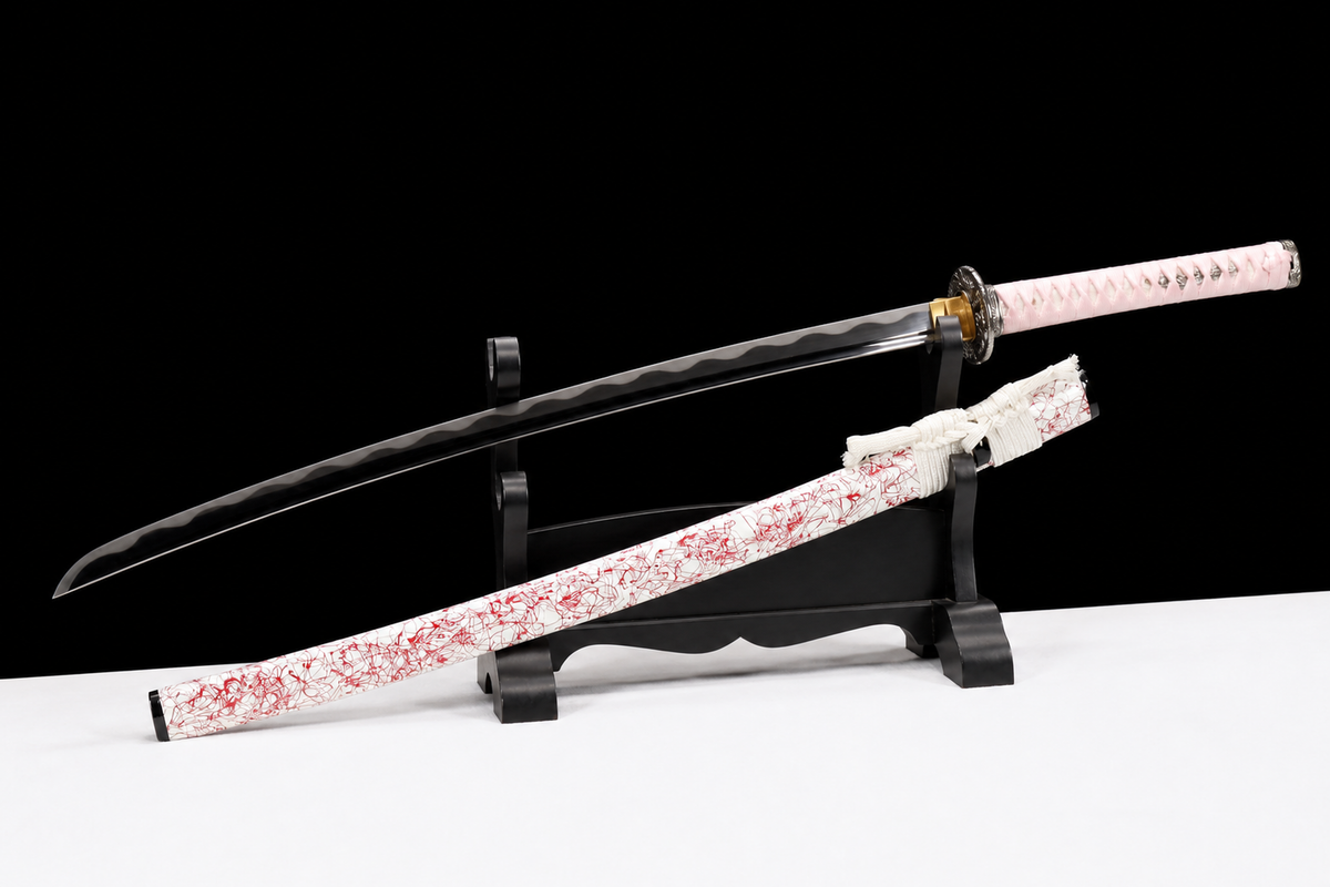 Unsharpened Python-Motif Collector Katana — 5160 Spring Steel, Copper-Alloy Fittings — unsheathed, full view