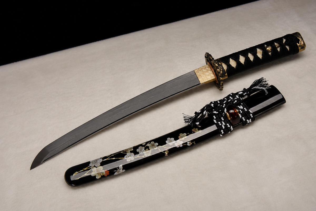 Plum Blossom Wakizashi — Sanmai T1095, Patterned Steel, Copper Fittings — drawn, full view