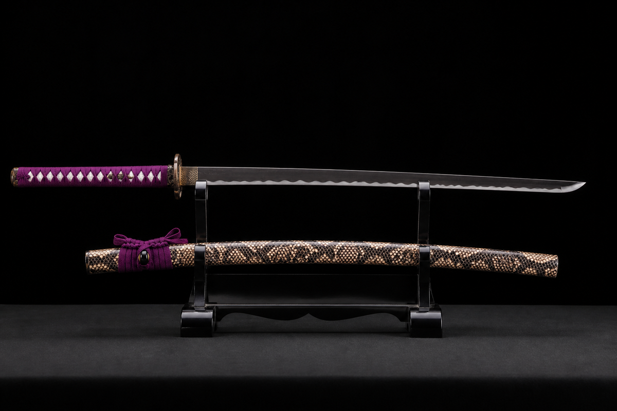 Unsharpened Serpent-Motif Collector Katana — Grade 45 Carbon Steel, Lacquered Hardwood Saya — unsheathed, full view
