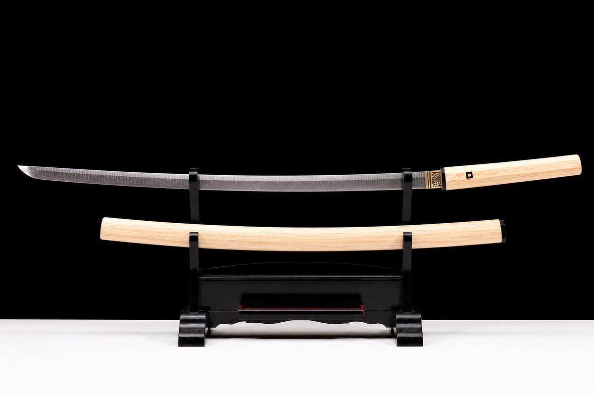 Unsharpened Ladder-Pattern Collector Iaito — Patterned Steel, Horn and White-Wood Mounts — unsheathed, full view