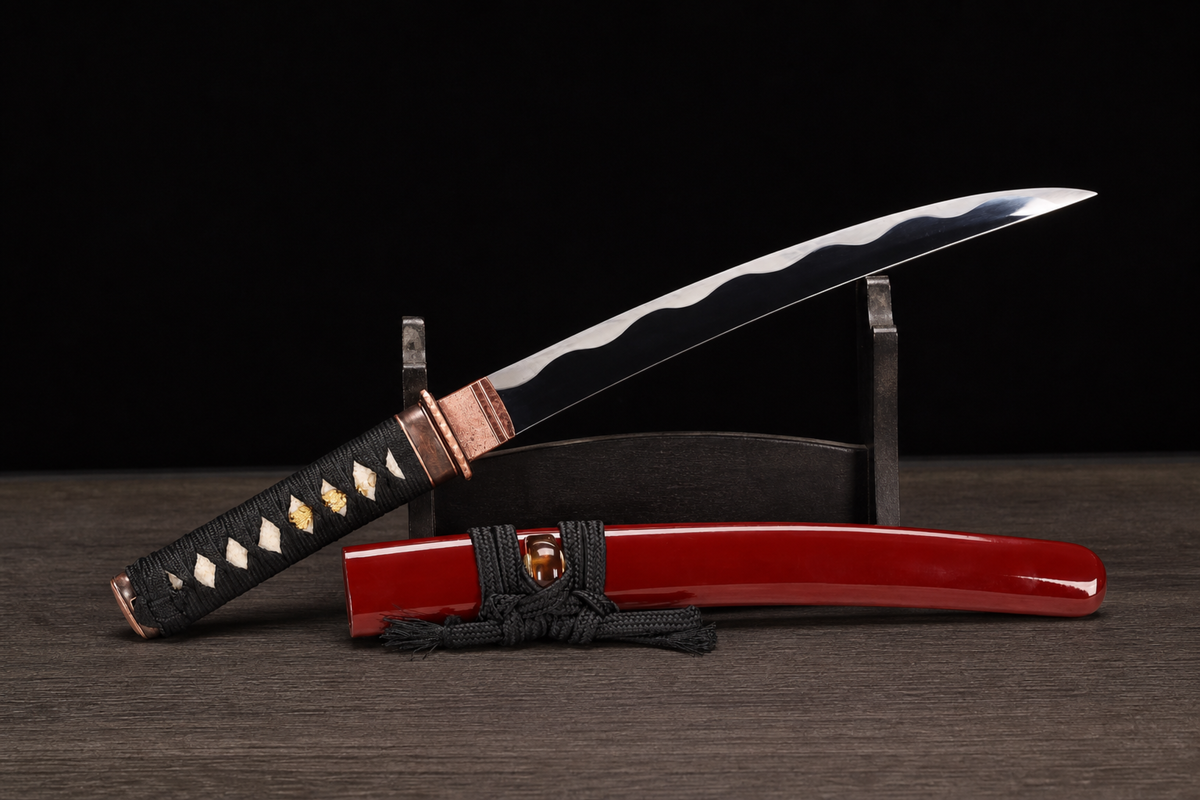 Unsharpened Red-Copper Collector Wakizashi — 1065 Steel, Pearl Rayskin Tsuka — unsheathed, full view