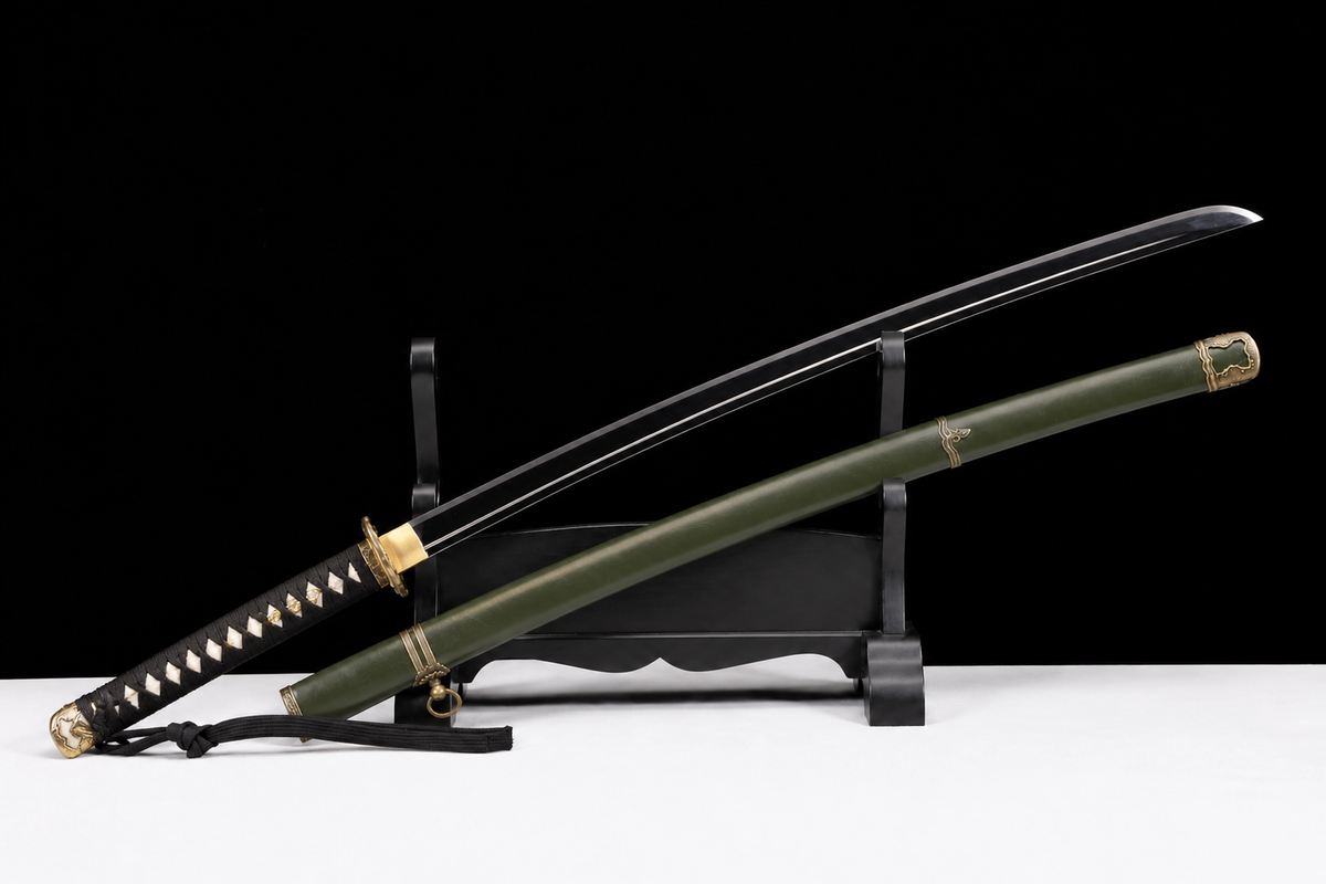 Unsharpened Type 98 Gunto Reproduction — Mirror-Polished, Leather-Wrapped Saya — unsheathed, full view