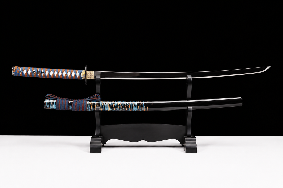 Unsharpened Hira-Zukuri Collector Katana — Carbon Steel, Plain Iron Mounts — unsheathed, full view
