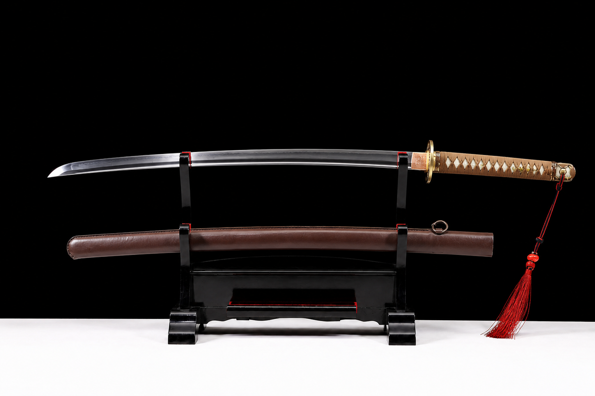 Folded Steel Type 98 Sword — Tan Ito, Brown Leather Saya — photograph 2