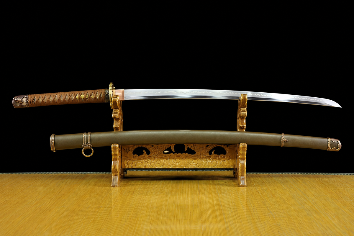 T10 Clay-Tempered Type 98 Sword — Tan Ito, Olive Iron Saya — photograph 2