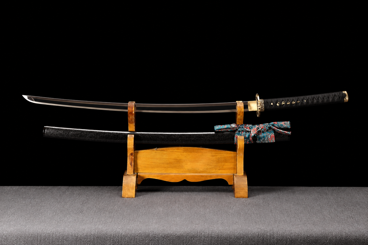 Unsharpened Phoenix Collector Katana — Spring Steel, Copper Mounts, Slim Saya — unsheathed, full view